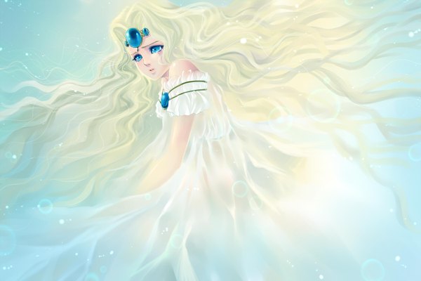 Anime picture 1500x1000 with magic knight rayearth clamp emeraude yukina (ss336336) single long hair blue eyes blonde hair white hair girl dress white dress jewelry