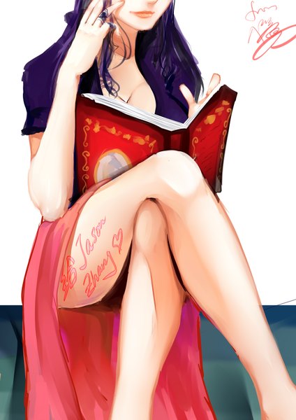 Anime picture 2480x3507 with one piece toei animation nico robin 8chinchin long hair tall image highres breasts simple background large breasts white background sitting purple hair nail polish light smile inscription crossed legs adjusting hair head out of frame no face