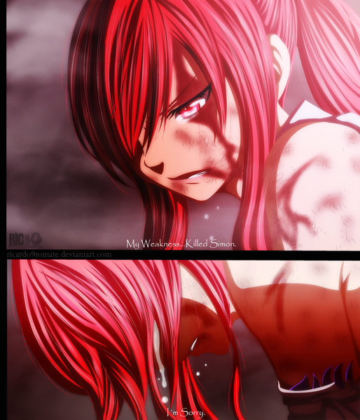 Anime picture 1300x1517 with fairy tail erza scarlet ric9duran long hair tall image fringe pink hair ponytail pink eyes hair over one eye inscription tattoo tears coloring light smoke multiview crying manga girl