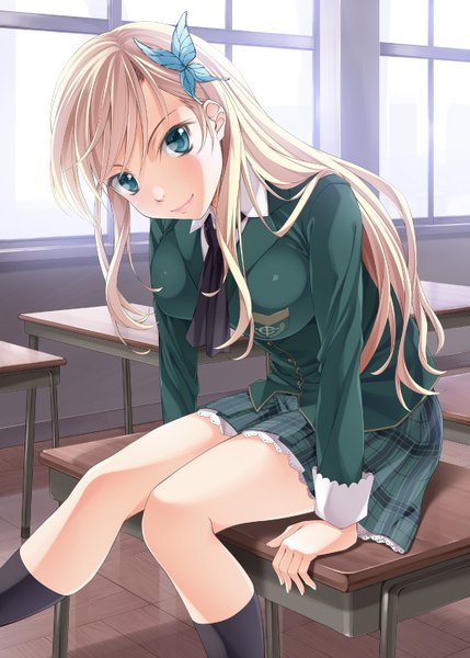 Anime picture 1036x1450 with boku wa tomodachi ga sukunai kashiwazaki sena mukunokino isshiki long hair tall image blue eyes light erotic blonde hair sitting girl hair ornament serafuku insect butterfly butterfly hair ornament desk