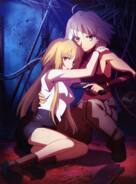 Anime picture 4057x5480 with canaan type-moon canaan (character) oosawa maria takeuchi takashi long hair tall image looking at viewer fringe highres short hair breasts blonde hair hair between eyes bare shoulders multiple girls holding brown eyes payot absurdres
