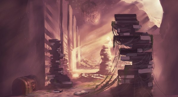 Anime picture 5500x3000 with original chibionpu highres wide image absurdres sunlight no people sunbeam sand ruins dust dirty plant (plants) book (books) spider web chest