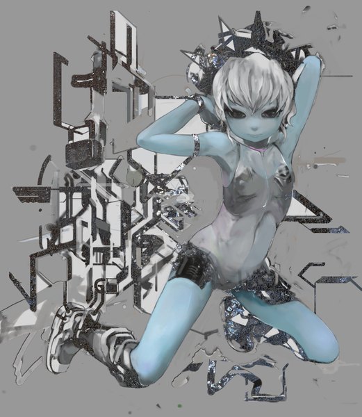Anime picture 1437x1654 with original uturo single tall image highres short hair black hair white hair grey background flat chest blue skin girl boots