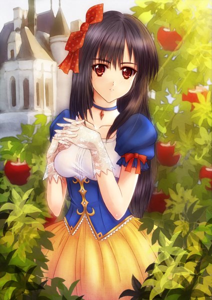 Anime picture 2480x3507 with original sawwei005 single long hair tall image looking at viewer highres black hair red eyes interlocked fingers girl dress gloves bow hair bow transparent clothing fruit apple castle