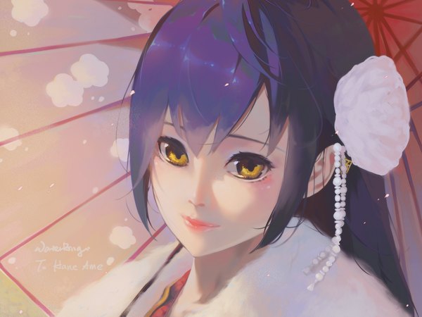 Anime picture 1600x1200 with real life hane ame waterring single long hair looking at viewer fringe yellow eyes purple hair from above portrait girl hair ornament umbrella oriental umbrella