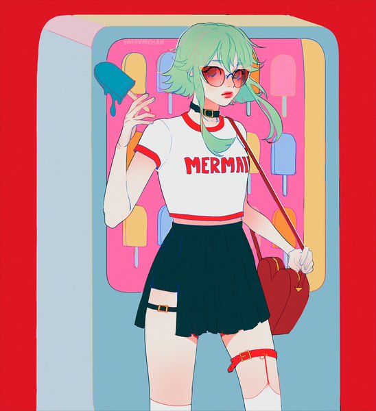 イラスト 1700x1861 と ボーカロイド gumi sofiia drozdova (vacuumch) ソロ 長身像 短い髪 holding 緑の目 signed payot green hair lipstick red lipstick clothes writing 女の子 ストッキング スカート ミニスカート 白いストッキング 食べ物