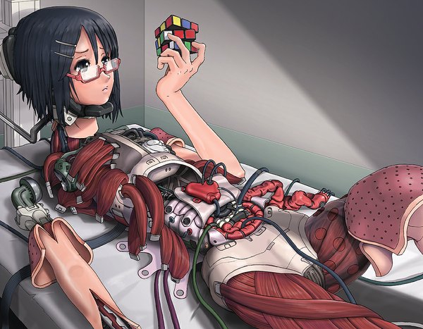 Anime picture 1024x798 with original sukabu single short hair lying grey hair grey eyes disassembled girl glasses wire (wires) android cube rubik's cube