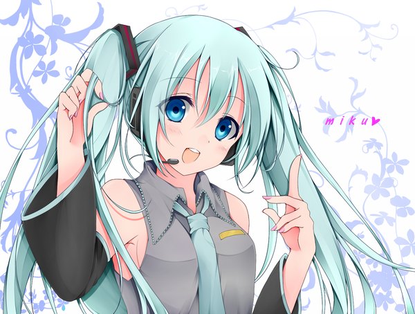 Anime picture 1500x1135 with vocaloid hatsune miku bud146 single blush open mouth blue eyes twintails very long hair aqua hair girl detached sleeves necktie headphones