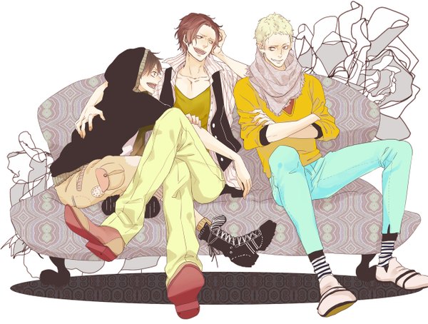 Anime picture 1280x970 with one piece toei animation monkey d. luffy portgas d. ace sabo (one piece) roco64 short hair open mouth blonde hair brown hair sitting crossed legs crossed arms boy scarf hood couch