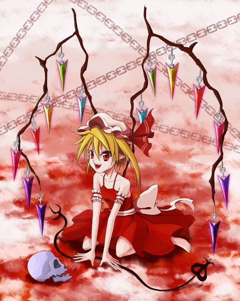 Anime picture 1889x2362 with touhou flandre scarlet shinebell tall image highres short hair open mouth blonde hair red eyes one side up girl dress weapon wings bonnet skull laevatein (touhou)