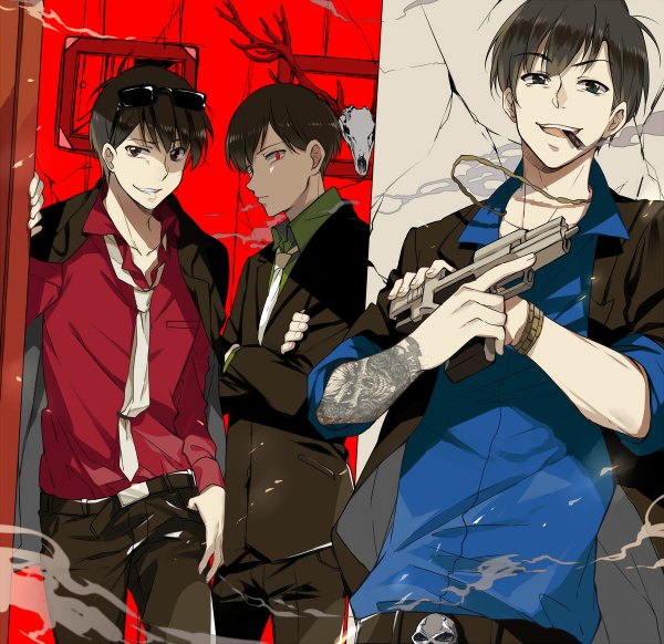 Anime picture 1200x1164 with osomatsu-san matsuno osomatsu matsuno karamatsu matsuno choromatsu ekita xuan looking at viewer short hair open mouth black hair smile red eyes ahoge profile black eyes multiple boys tattoo hand on hip crossed arms open collar siblings