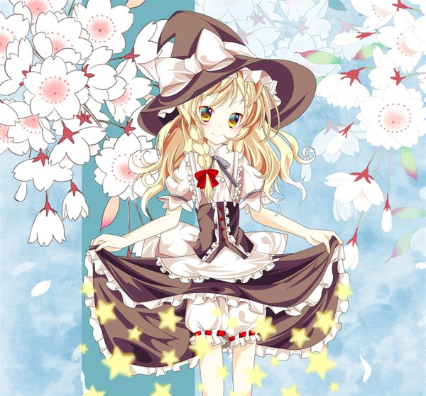 Anime picture 1289x1200 with touhou kirisame marisa single long hair looking at viewer blonde hair yellow eyes braid (braids) cherry blossoms witch girl dress skirt bow hair bow petals frills star (symbol) witch hat skirt set