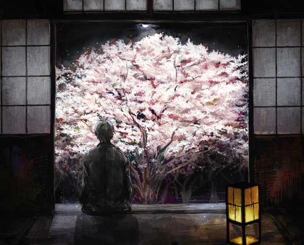 Anime picture 1238x1000 with murasan single short hair black hair japanese clothes from behind night cherry blossoms boy plant (plants) petals tree (trees) lamp sliding doors japanese house shouji