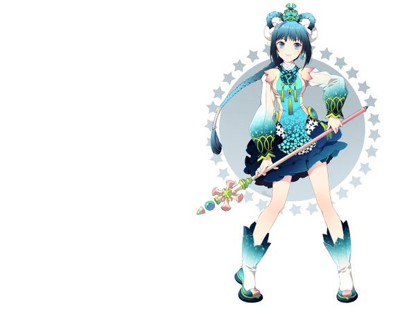 Anime picture 1340x1000 with original nardack single long hair looking at viewer blue eyes simple background smile standing white background signed blue hair braid (braids) light smile pointy ears aqua hair single braid girl dress hair ornament