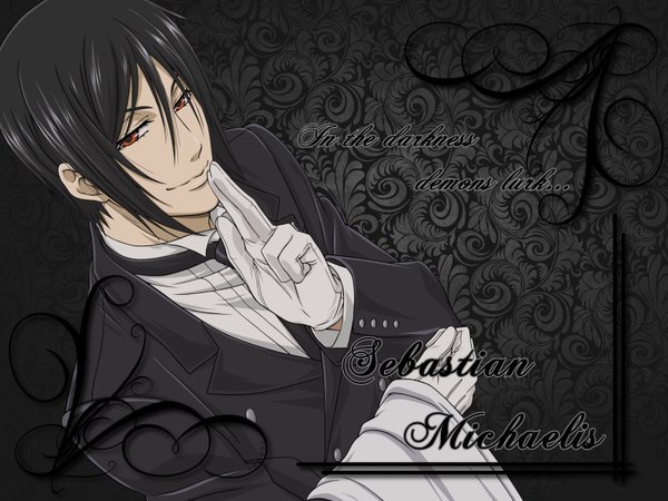 Anime picture 1600x1200 with kuroshitsuji a-1 pictures sebastian michaelis single looking at viewer short hair black hair smile red eyes inscription butler boy gloves necktie suit