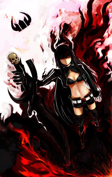 Anime picture 4109x6471 with black rock shooter black gold saw spices single long hair tall image looking at viewer fringe highres breasts black hair red eyes large breasts standing holding absurdres cleavage red hair multicolored hair horn (horns)