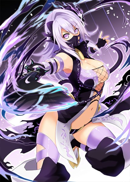Anime picture 715x1000 with cu-no yayoi sakura hisenkaede single long hair tall image fringe breasts light erotic large breasts purple eyes bare shoulders purple hair bent knee (knees) bare belly alternate costume spread arms purple background girl thighhighs