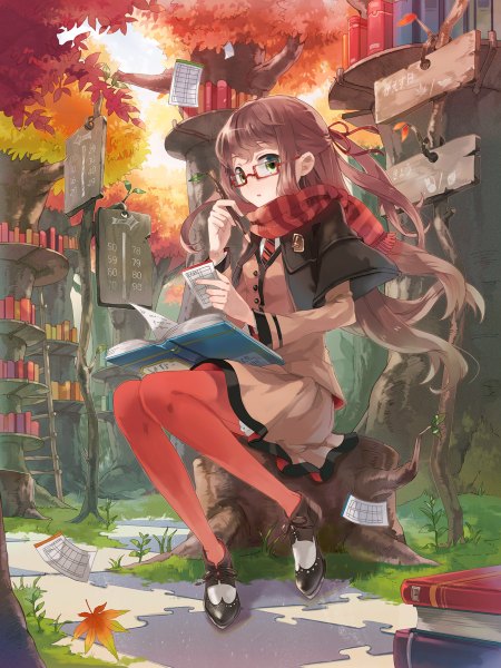 Anime picture 900x1200 with original eihi single long hair tall image looking at viewer brown hair sitting yellow eyes girl dress uniform plant (plants) school uniform pantyhose tree (trees) glasses book (books) leaf (leaves)