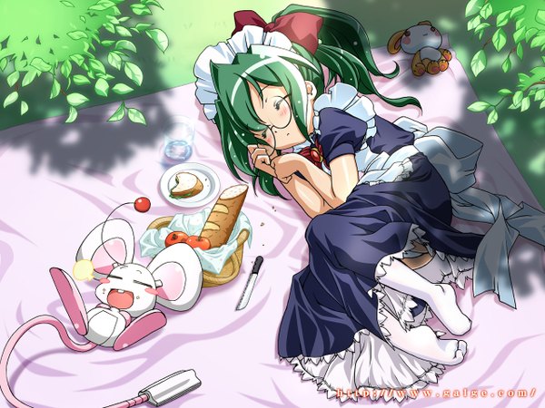 Anime picture 1280x960 with original galge.com mouse (galge.com) scanner (galge.com) eyes closed maid wallpaper sleeping picnic girl glasses mouse