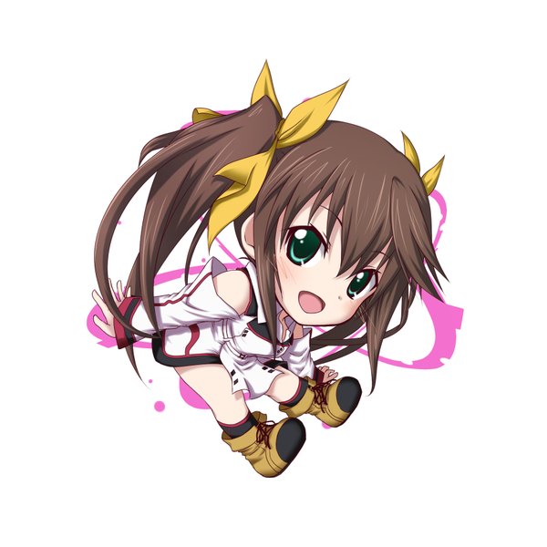 Anime picture 1736x1736 with infinite stratos 8bit fang linyin kuena single long hair blush highres simple background brown hair white background twintails green eyes chibi girl bow hair bow detached sleeves