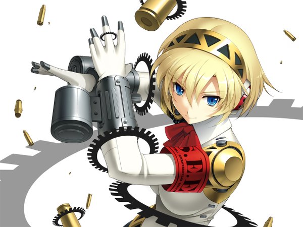 Anime picture 1280x960 with persona 3 persona aegis single short hair blue eyes blonde hair smile white background crossed arms girl bow headphones gun android shell casing cyborg