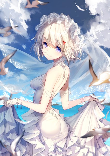Anime picture 800x1131 with warship girls r sovetsky soyuz (warship girls r) bison cangshu single tall image looking at viewer short hair light erotic blonde hair purple eyes bare shoulders sky cloud (clouds) braid (braids) depth of field girl dress gloves animal white gloves