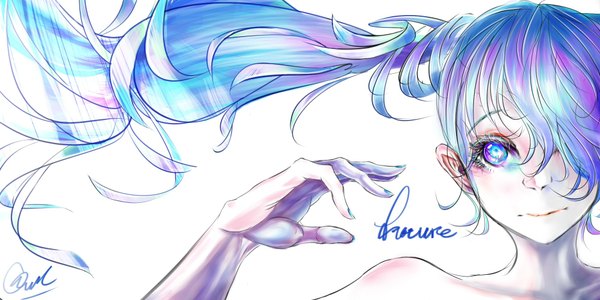 Anime picture 2000x1000 with owl (artist) single long hair looking at viewer highres blue eyes simple background wide image white background purple eyes twintails bare shoulders blue hair pink hair multicolored hair light smile two-tone hair close-up girl