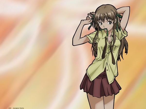 Anime picture 1600x1200 with yakitate!! japan azusagawa tsukino long hair brown hair looking away wallpaper vector girl uniform ribbon (ribbons) hair ribbon school uniform