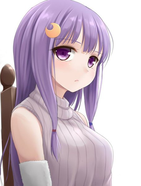 Anime picture 645x850 with touhou patchouli knowledge tokugawa landine single long hair tall image looking at viewer blush fringe simple background white background sitting purple eyes purple hair alternate costume portrait girl hair ornament detached sleeves hairclip