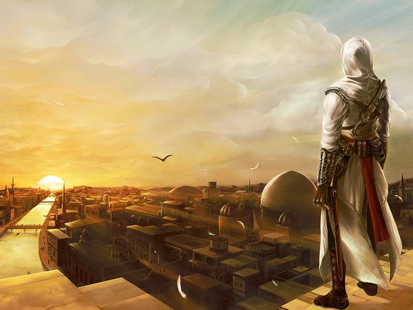 Anime picture 1024x768 with assassin's creed (game) ezio auditore da firenze sky cloud (clouds) city evening sunset river boy weapon animal fingerless gloves bird (birds) hood house bridge dagger