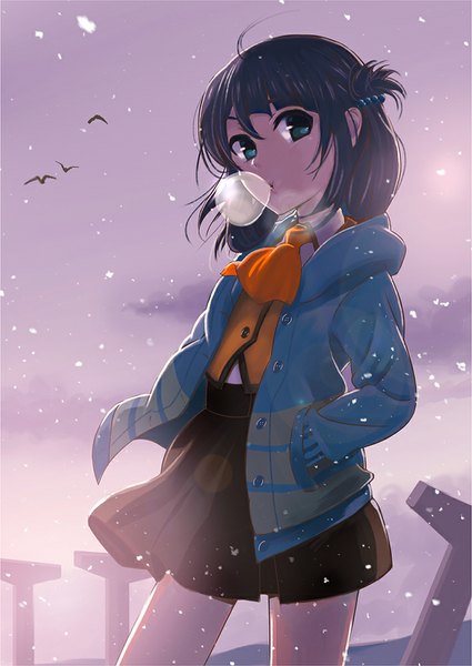 Anime picture 708x1000 with nagi no asukara p.a. works shiodome miuna tagme (artist) single long hair tall image blue eyes black hair looking away open clothes open jacket snowing winter exhalation hand in pocket bubble blowing girl skirt uniform