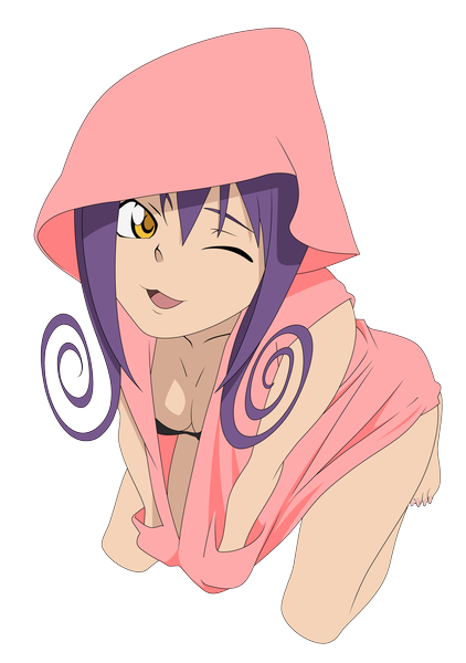 Anime picture 3021x4296 with soul eater studio bones blair mike-rmb single long hair tall image highres open mouth light erotic smile yellow eyes absurdres purple hair one eye closed wink drill hair transparent background girl hood
