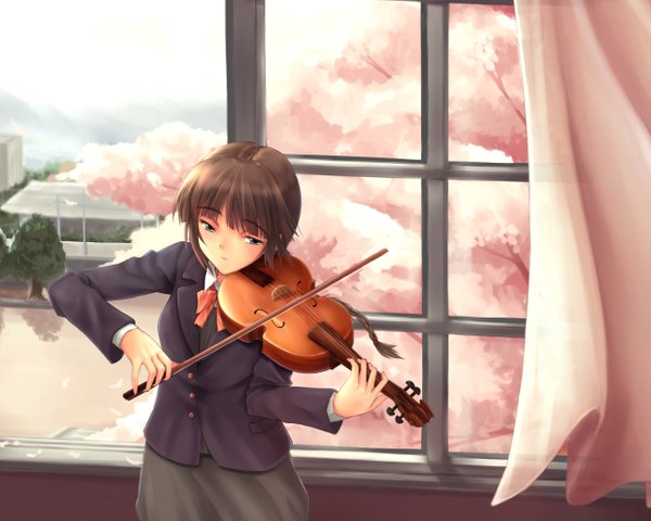 Anime picture 1280x1024 with original yuki usagi (mofurafu) single short hair black hair black eyes girl uniform school uniform window curtains violin bow (instrument)