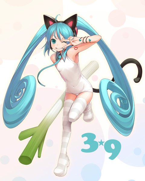 Anime picture 1280x1600 with vocaloid hatsune miku fujishiro touma single tall image smile twintails animal ears very long hair one eye closed aqua eyes wink cat ears aqua hair cat girl cat tail drill hair 39 girl thighhighs