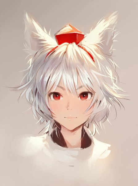Anime picture 633x850 with touhou inubashiri momiji matsuda (matsukichi) single tall image fringe short hair simple background red eyes white hair tail traditional clothes japanese clothes animal tail light smile grey background portrait face wolf tail spiked hair