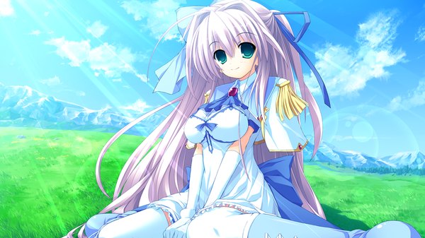 Anime picture 1280x720 with tiny dungeon (game) rosebleu note rumu blonde hair wide image green eyes game cg field girl