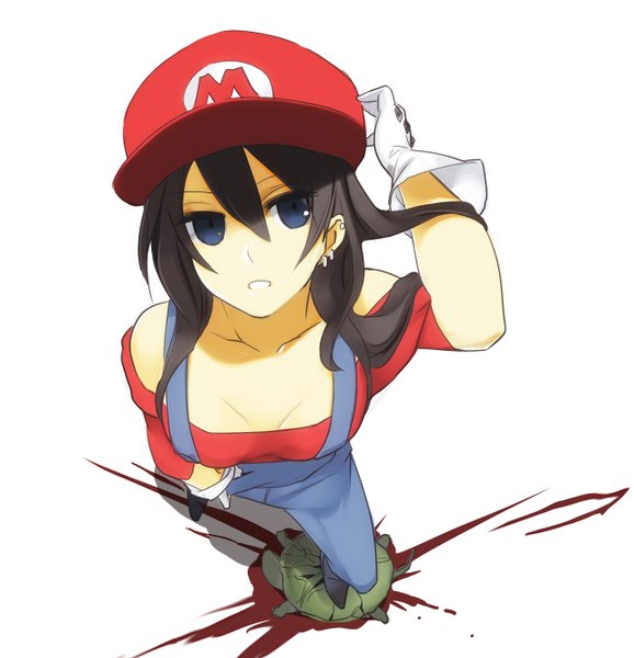 Anime picture 1280x1328 with super mario bros. mario poaro single long hair tall image breasts blue eyes black hair standing white background looking away from above hand on head genderswap girl gloves white gloves blood skull
