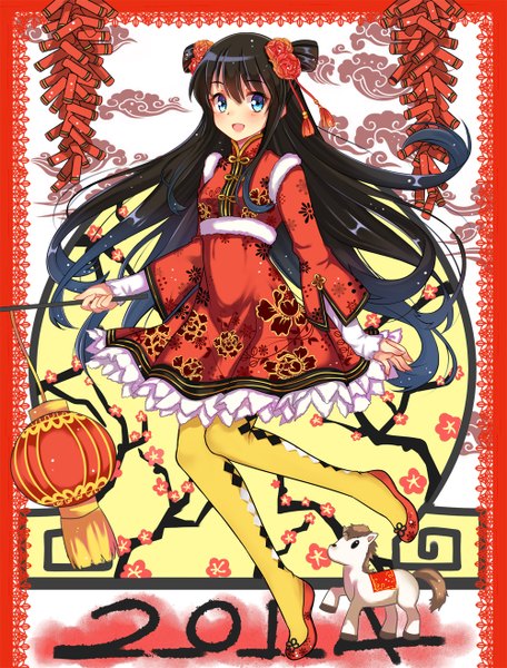 Anime picture 1000x1316 with original zonana single long hair tall image blush open mouth blue eyes black hair looking away traditional clothes hair bun (hair buns) chinese clothes new year lolita fashion rhombus 2014 chinese new year qi lolita girl