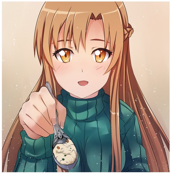 Anime picture 1148x1159 with sword art online a-1 pictures yuuki asuna tusia (malta) single long hair tall image blush open mouth brown hair brown eyes girl food sweater