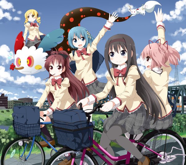 Anime picture 1400x1250 with mahou shoujo madoka magica shaft (studio) akemi homura kaname madoka sakura kyouko miki sayaka tomoe mami kyuubee charlotte (madoka magica) ruu (tksymkw) long hair blush short hair open mouth blue eyes black hair blonde hair red eyes multiple girls blue hair