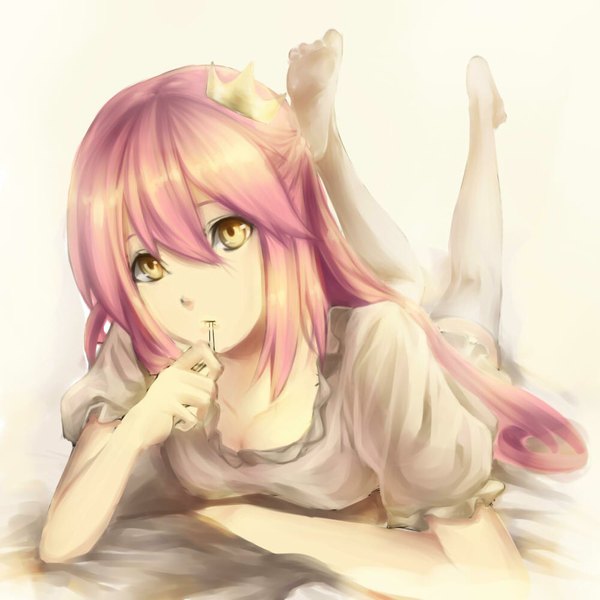 Anime picture 1000x1000 with aerlai (artist) single long hair yellow eyes pink hair no shoes mouth hold on stomach legs up girl thighhighs hair ornament white thighhighs