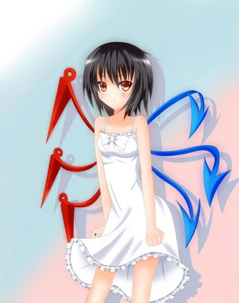 Anime picture 1200x1520 with touhou houjuu nue nankaichimu single tall image looking at viewer blush fringe short hair black hair red eyes bare shoulders shadow :t asymmetrical wings girl dress wings white dress sundress