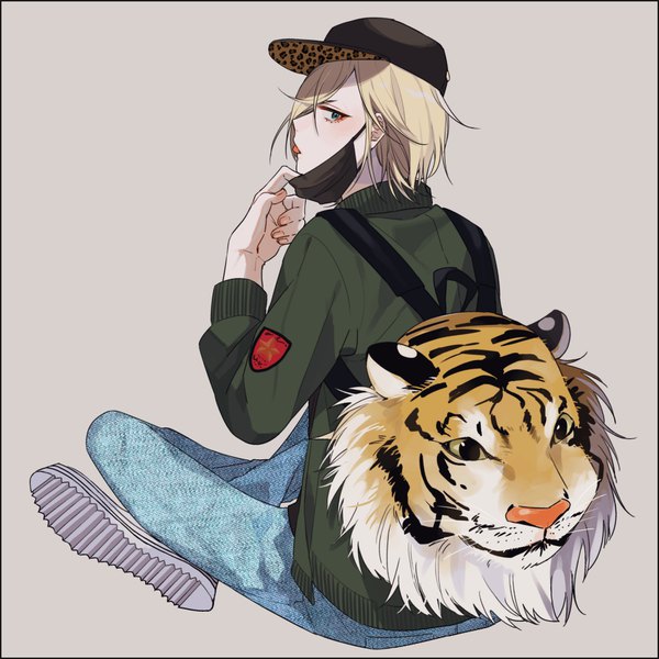 Anime picture 1800x1800 with yuri!!! on ice mappa yuri plisetsky yamada chickenko single looking at viewer fringe highres short hair blue eyes blonde hair simple background sitting full body profile looking back fingernails hair over one eye grey background animal print