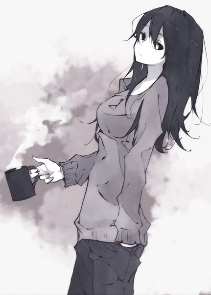 Anime picture 988x1374 with original delaney single long hair tall image looking at viewer black hair black eyes pale skin hand in pocket casual girl pants cup blouse