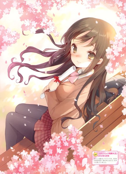 Anime picture 2464x3391 with original cuteg single long hair tall image looking at viewer blush fringe highres smile sitting green eyes absurdres cherry blossoms plaid skirt looking up plaid graduation girl skirt