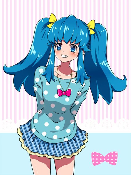 Anime picture 600x800 with precure happinesscharge precure! toei animation shirayuki hime kagami chihiro single long hair tall image looking at viewer blush fringe blue eyes twintails payot blue hair leaning leaning forward hands behind back striped alternate hairstyle