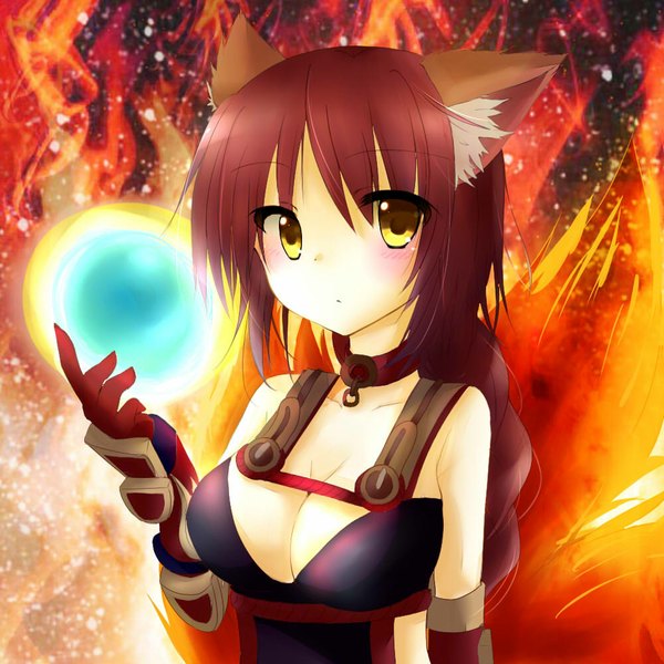 Anime picture 1000x1000 with league of legends ahri (league of legends) karameru kinoko single long hair looking at viewer blush breasts light erotic brown hair large breasts animal ears yellow eyes cleavage tail animal tail fox ears magic fox tail multiple tails