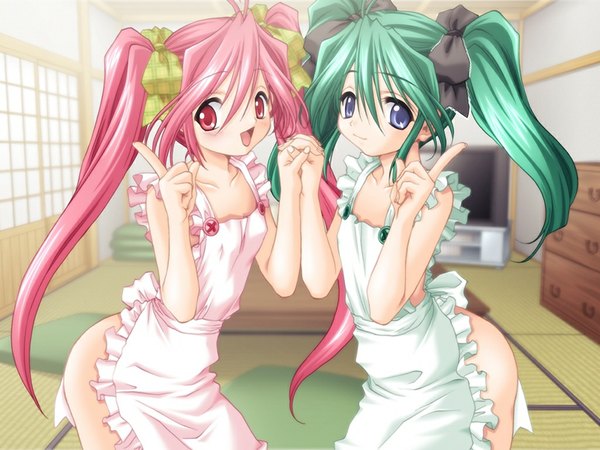 Anime picture 1024x768 with yuuane to issho - mitarashi kousei (game) blue eyes light erotic red eyes multiple girls pink hair game cg green hair girl 2 girls