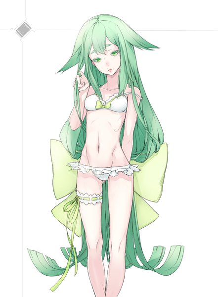 Anime picture 1500x2040 with gatchaman crowds tatsunoko utsutsu yucca-612 (neco) single tall image looking at viewer fringe light erotic simple background standing white background green eyes animal ears very long hair green hair adjusting hair eyebrows arm behind back girl