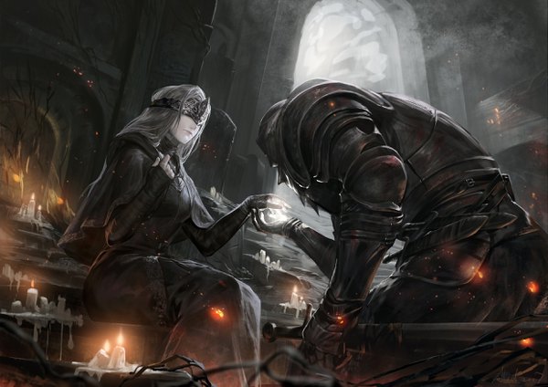 Anime picture 2481x1754 with dark souls (series) dark souls dark souls 3 from software fire keeper ashen one (dark souls 3) alcd long hair highres breasts sitting holding signed grey hair sunlight from below leaning depth of field leaning forward kneeling
